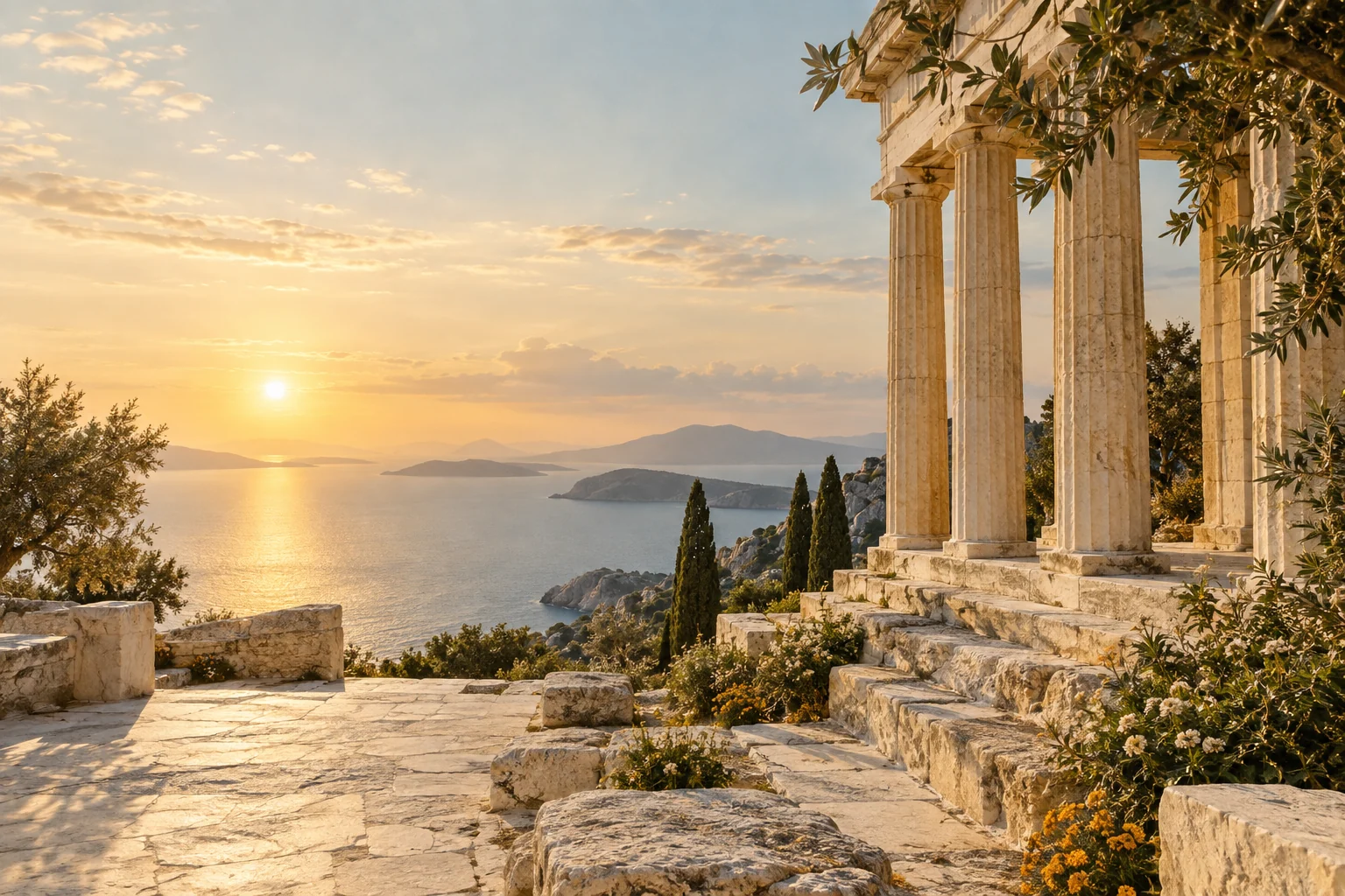 Sunrise over a marble sanctuary and the Aegean sea