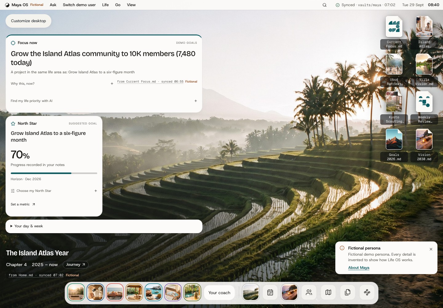 A calm Life OS Desktop with daily focus, a North Star goal, and a visual dock